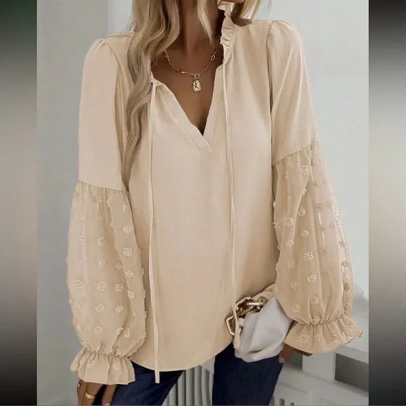 Boho Swiss Dot Frill Trim Tie Neck Blouse - Picture 3 of 6